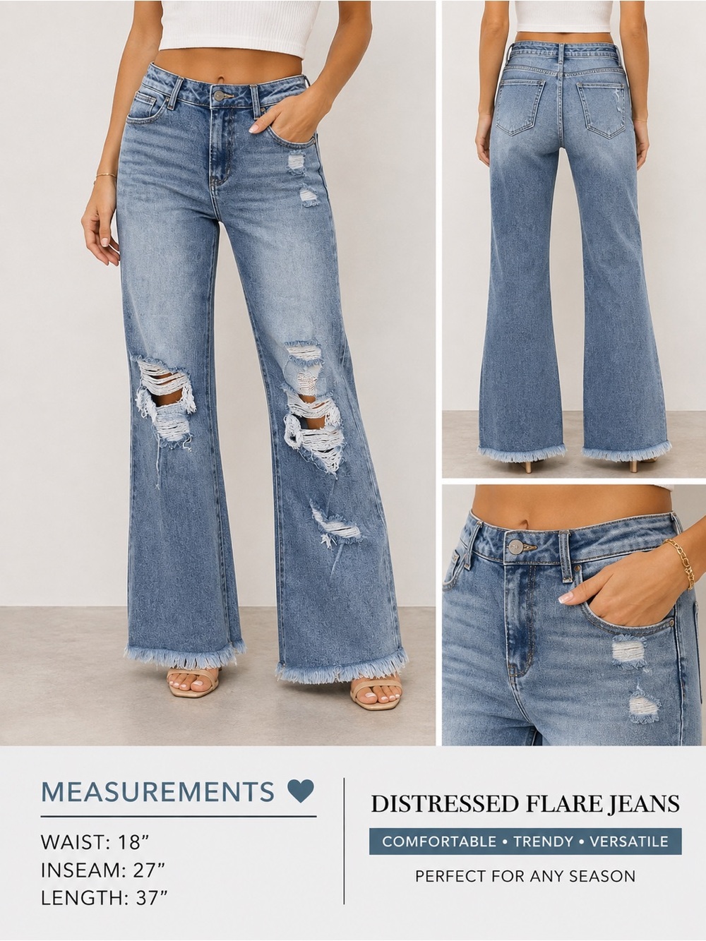 High-Rise Distressed Flare Jeans - Light Blue